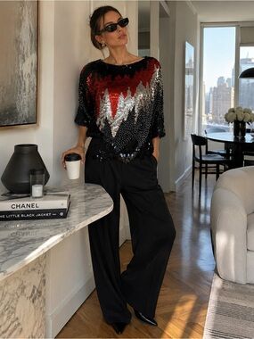 Vintage Oleg Cassini Hand Beaded Sequin Top Black Red Silver Small
